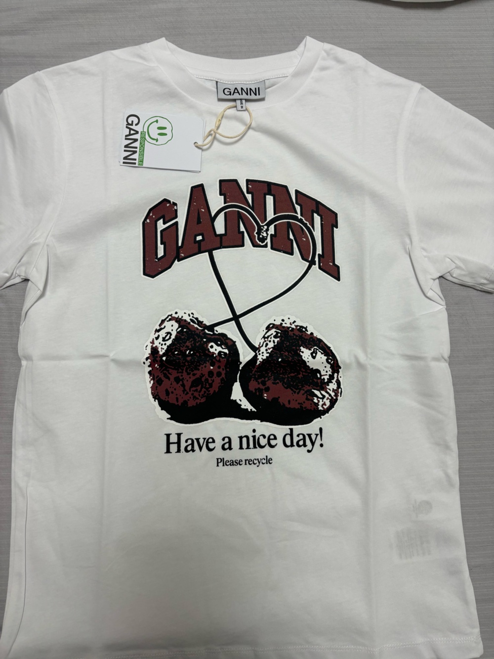 Ganni White Short-Sleeve Tee with Burgundy Graphic Cherries